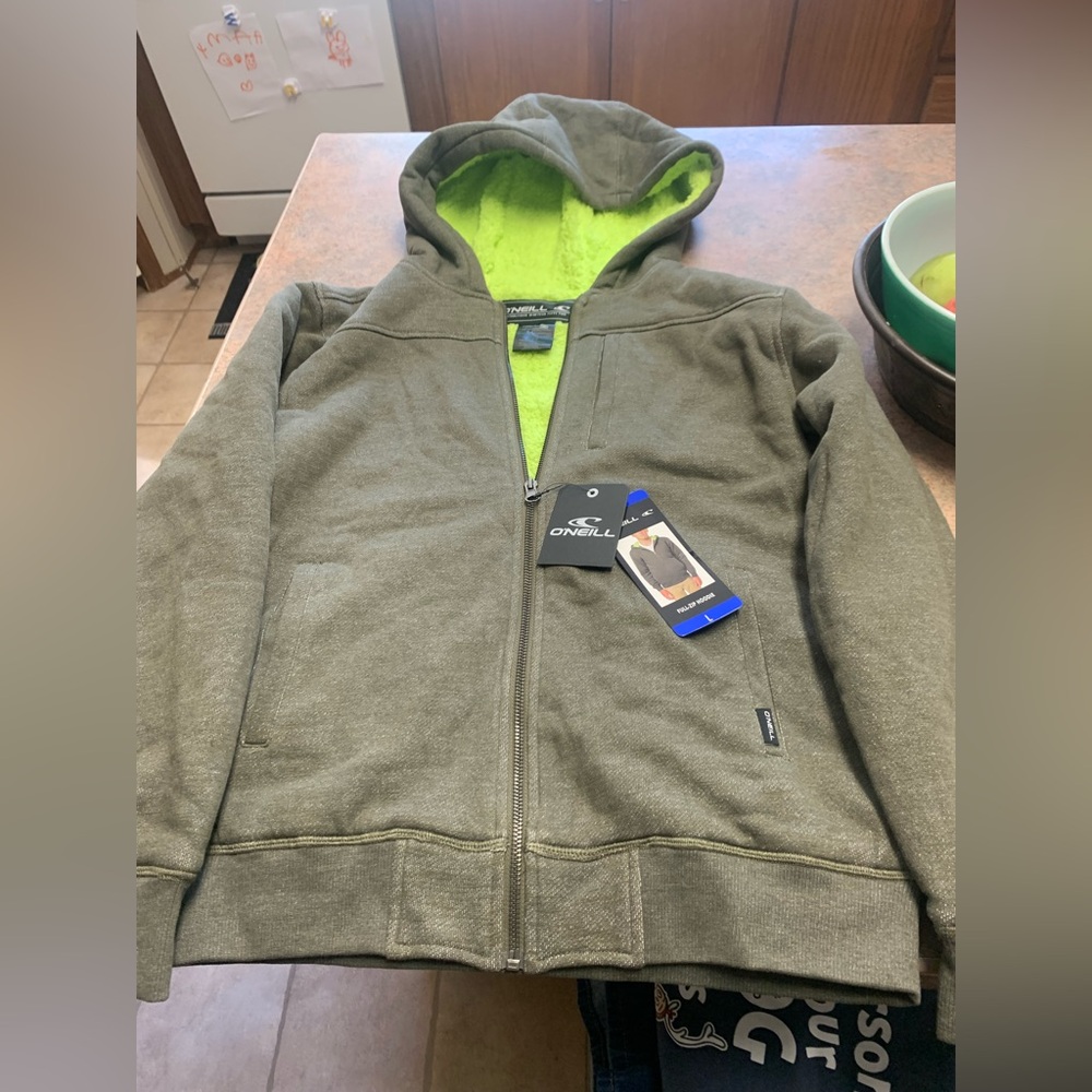 O'Neill Olive Green Zip-Up Hoodie with Lime Green Lining